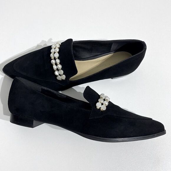 Marc Fisher Black Velvety Kneel Pearl Embellished Pointed Toe Slip On Loafer - Picture 5 of 16